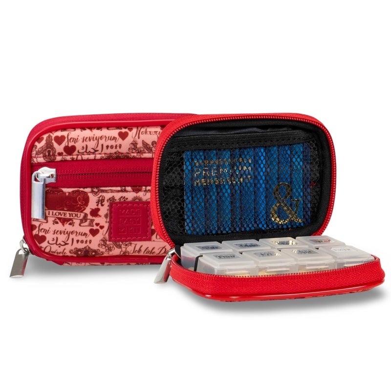 Made Easy Kit Pill Case for Everyday and Travel - 7-Day Weekly Medicine Supplement Vitamin Organizer Sorter Tracker - Neoprene Bag with Pockets - Compact Portable 8 Compartments (Red Love Language)